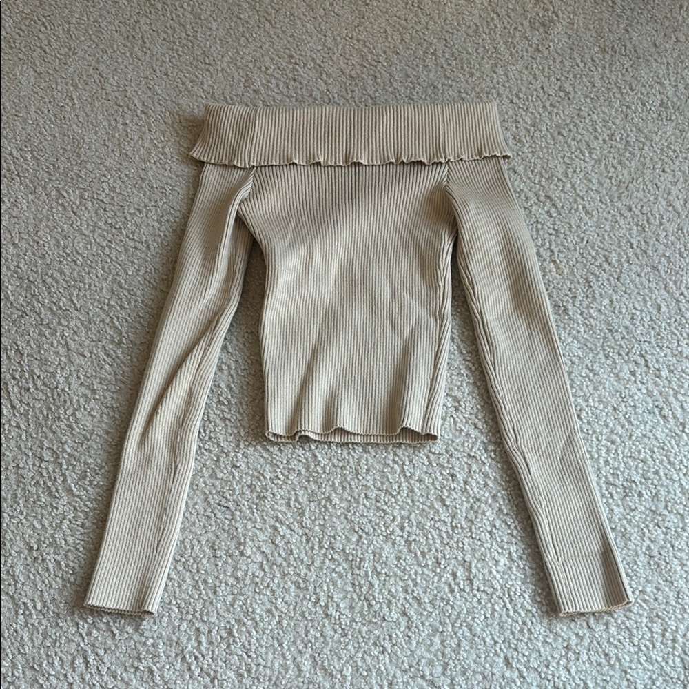 Windsor Beige Ribbed Off-Shoulder Top